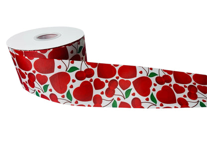 1 YARD OF 3 INCH (75CM) GROSGRAIN RIBBON WITH CHERRY AND RED HEARTS DESIGN