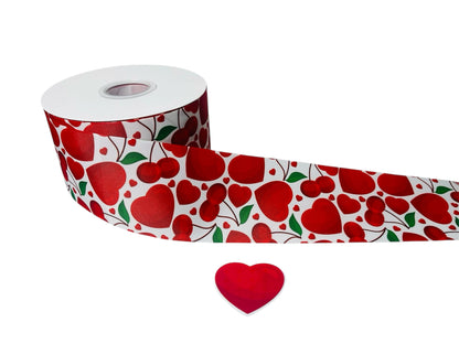 1 YARD OF 3 INCH (75CM) GROSGRAIN RIBBON WITH CHERRY AND RED HEARTS DESIGN