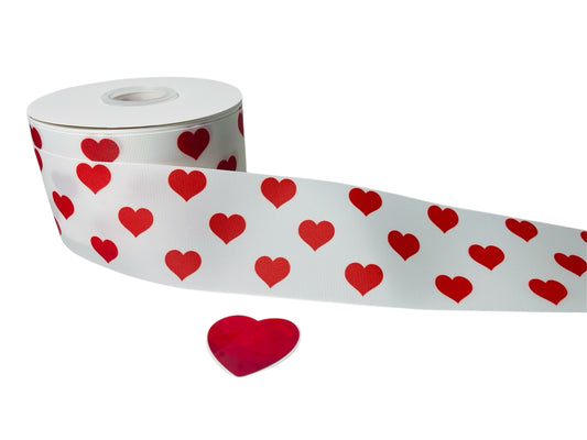 1 YARD OF 3 INCH (75CM) GROSGRAIN RIBBON WITH RED HEARTS DESIGN