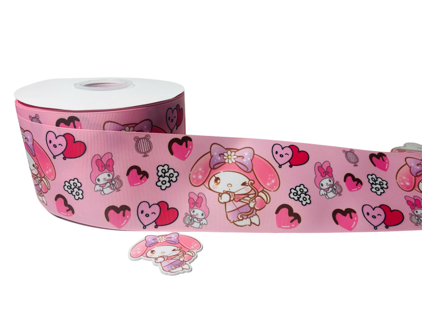 1 YARD OF 3 INCH (75CM) GROSGRAIN RIBBON WITH PINK HEART DESIGN